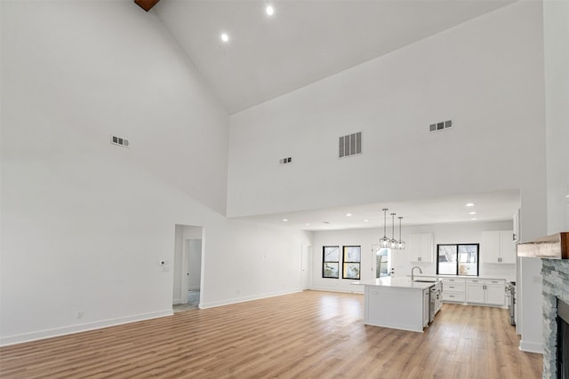 unfurnished living room featuring a sink, visible vents, and light wood-style floors