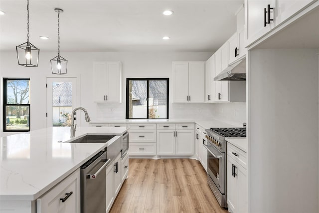 kitchen featuring light wood finished floors, an island with sink, a sink, stainless steel appliances, and under cabinet range hood