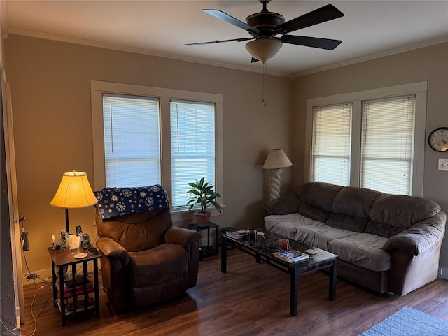 living area featuring ornamental molding and wood finished floors