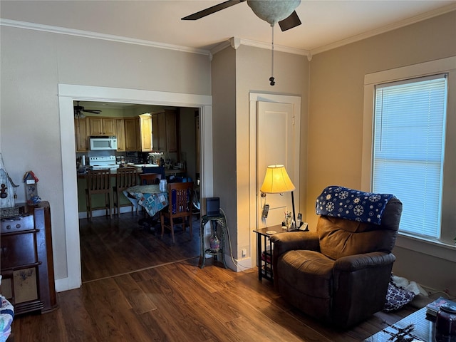 sitting room with ornamental molding, dark wood finished floors, a ceiling fan, and baseboards