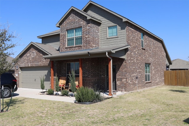 view of front facade featuring a garage, brick siding, fence, concrete driveway, and a front lawn