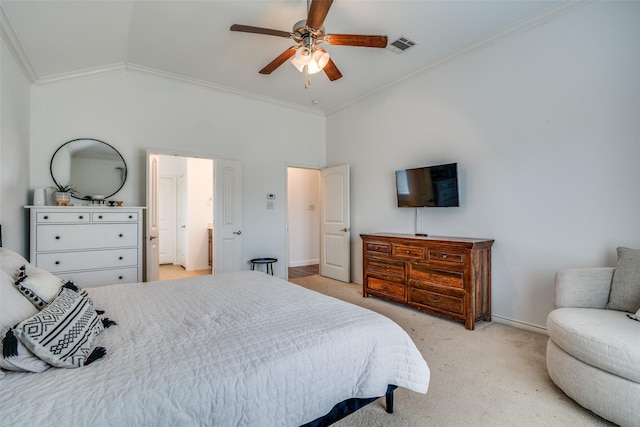 bedroom featuring crown molding, light colored carpet, vaulted ceiling, and visible vents