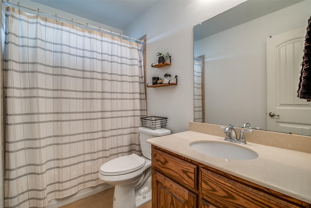 full bath with a shower with shower curtain, vanity, toilet, and tile patterned floors