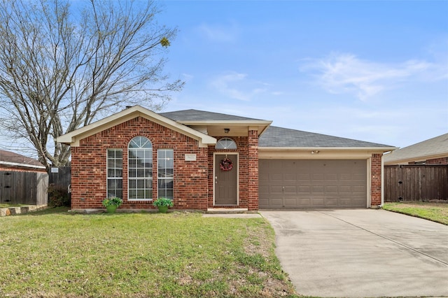 single story home featuring an attached garage, brick siding, fence, concrete driveway, and a front lawn