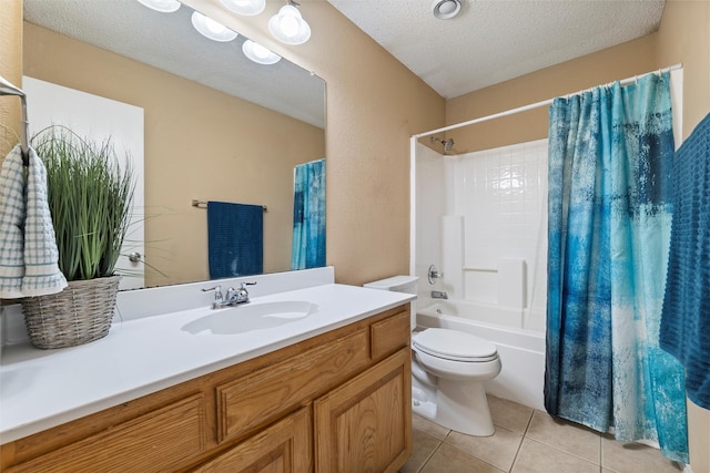 full bath with shower / bathtub combination with curtain, toilet, a textured ceiling, vanity, and tile patterned flooring