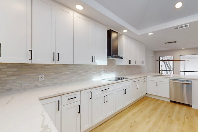 kitchen with black electric cooktop, a sink, visible vents, stainless steel dishwasher, and wall chimney exhaust hood