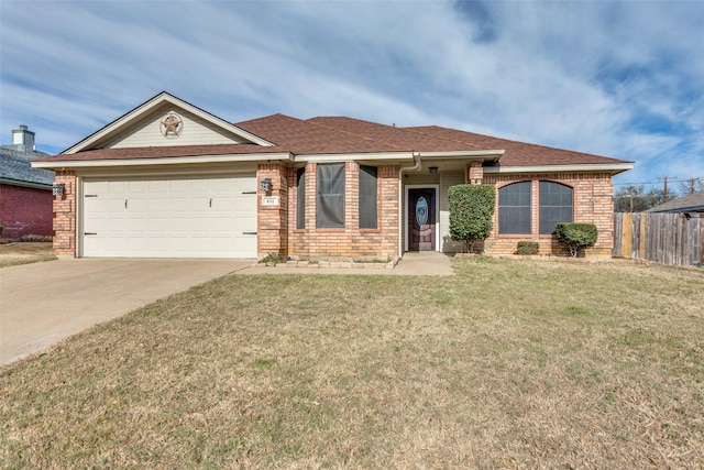 ranch-style house featuring a garage, concrete driveway, fence, a front lawn, and brick siding