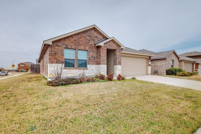 single story home with a front lawn, concrete driveway, brick siding, and an attached garage