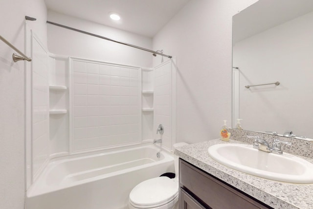 bathroom with recessed lighting, vanity, toilet, and bathing tub / shower combination