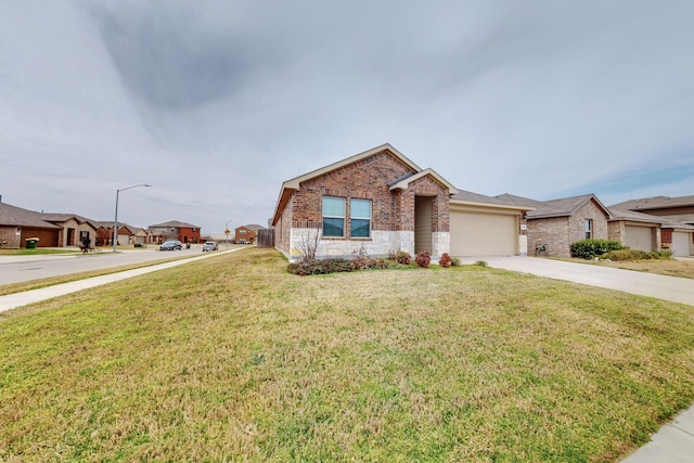 ranch-style house with driveway, a residential view, an attached garage, a front lawn, and brick siding