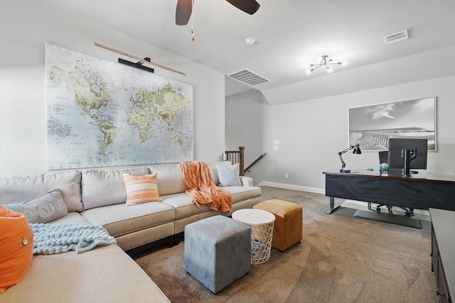 carpeted living room with ceiling fan, visible vents, and baseboards