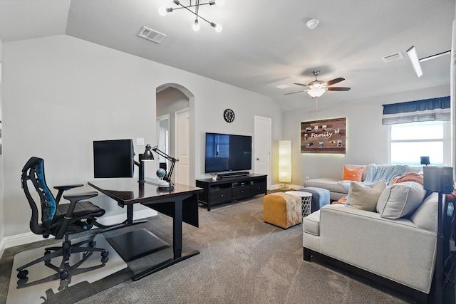 carpeted living room with lofted ceiling, arched walkways, visible vents, and baseboards