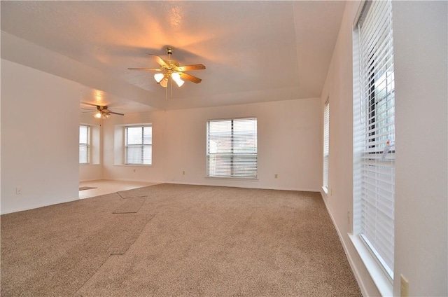 carpeted spare room featuring a tray ceiling and ceiling fan