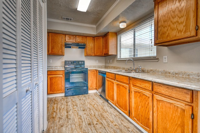 kitchen featuring light wood-style flooring, stainless steel dishwasher, visible vents, a sink, and electric range