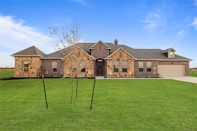 view of front of house with driveway, a garage, a front lawn, and brick siding