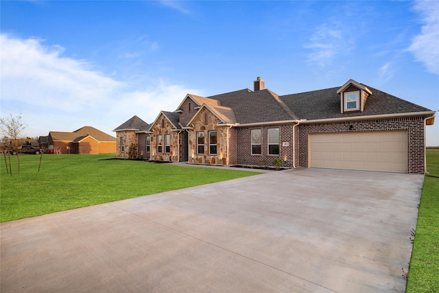 view of front of property featuring a garage, concrete driveway, roof with shingles, a front lawn, and brick siding