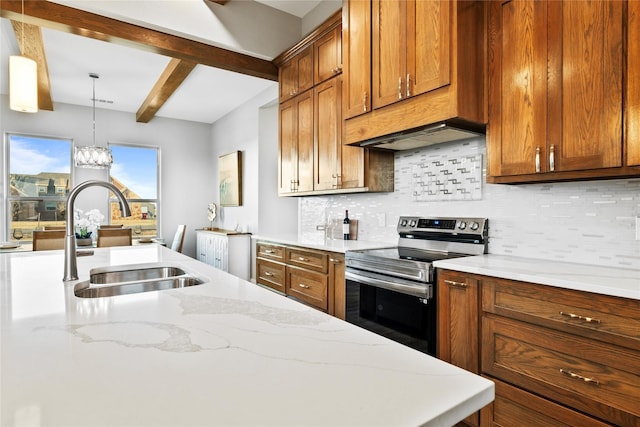 kitchen featuring brown cabinets, a sink, and stainless steel range with electric cooktop