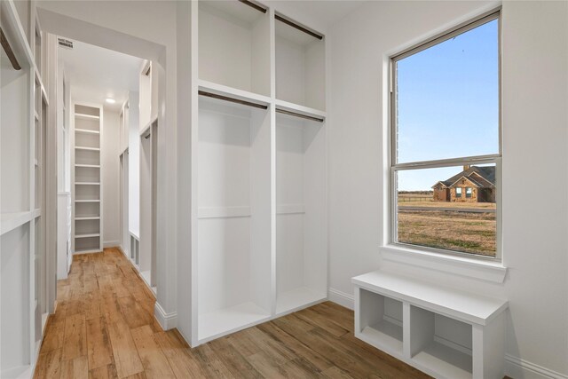 spacious closet featuring light wood-type flooring and visible vents