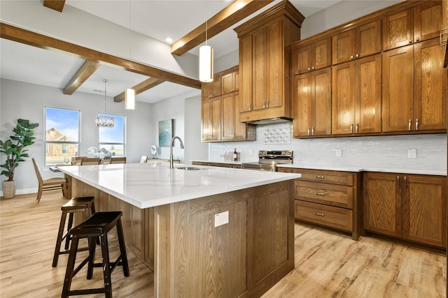 kitchen featuring beam ceiling, backsplash, electric range, a sink, and light wood-type flooring