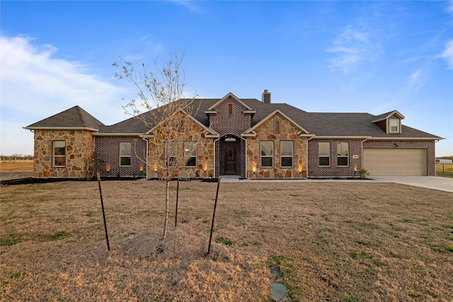 view of front of property featuring driveway, stone siding, an attached garage, a front lawn, and brick siding