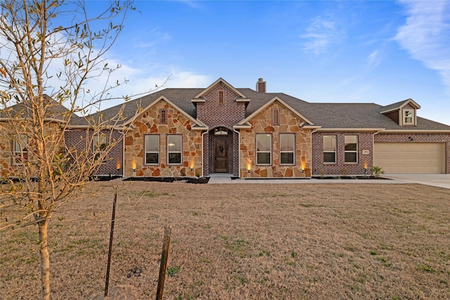 view of front of house featuring stone siding, brick siding, a front yard, and driveway