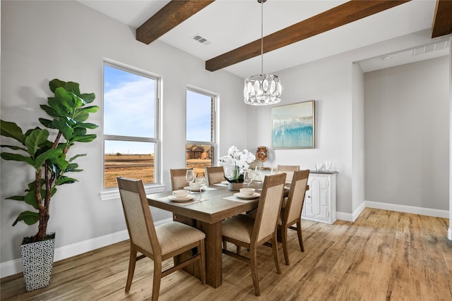 dining area featuring visible vents, baseboards, beamed ceiling, light wood-type flooring, and a chandelier