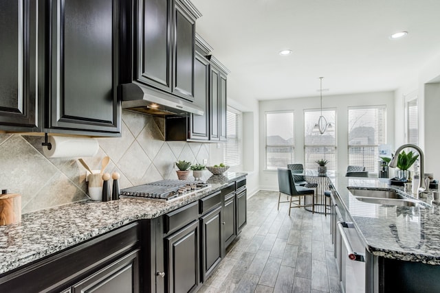 kitchen featuring decorative backsplash, light stone counters, stainless steel appliances, under cabinet range hood, and a sink