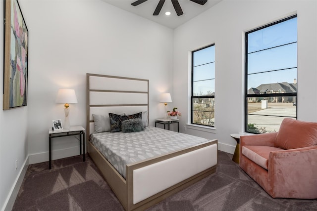 bedroom with recessed lighting, a ceiling fan, baseboards, and dark colored carpet