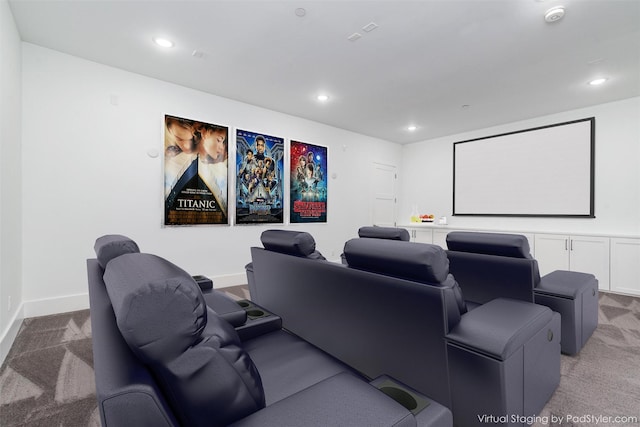 home theater with carpet flooring, recessed lighting, and baseboards