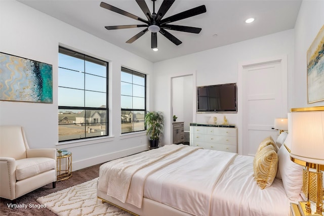 bedroom featuring recessed lighting, a ceiling fan, and baseboards