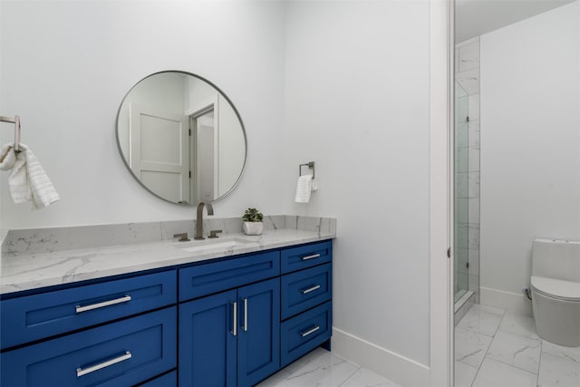 bathroom featuring toilet, marble finish floor, a shower stall, baseboards, and vanity