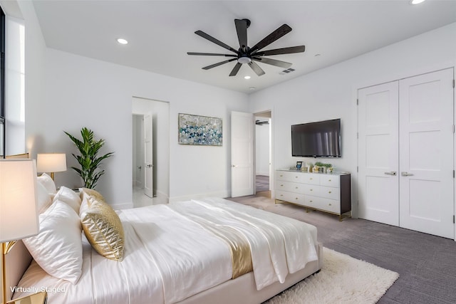 carpeted bedroom with visible vents, recessed lighting, a closet, baseboards, and ceiling fan