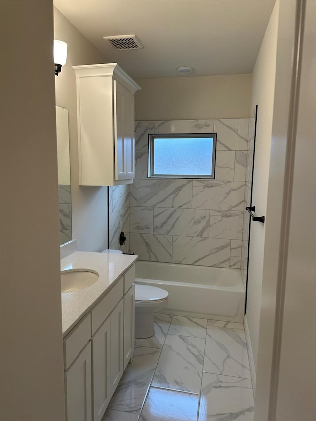 bathroom featuring visible vents, toilet, shower / tub combination, marble finish floor, and vanity