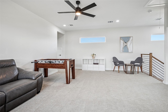 playroom featuring visible vents, recessed lighting, carpet, baseboards, and attic access