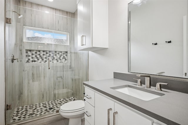 bathroom with vanity, toilet, and a stall shower