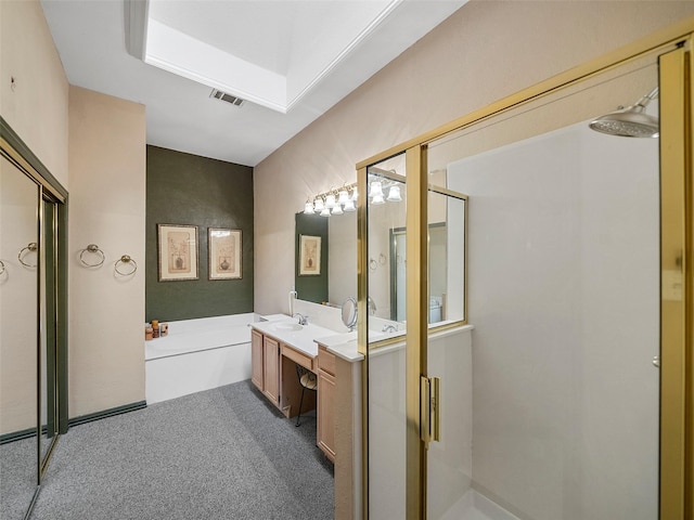 full bathroom with carpet floors, visible vents, a shower stall, vanity, and a bath