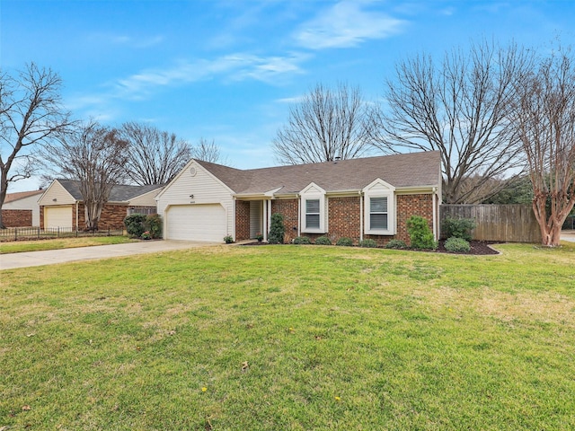 ranch-style house with brick siding, a front yard, fence, a garage, and driveway