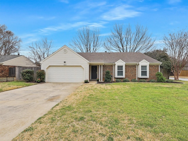 single story home featuring a garage, concrete driveway, a front yard, and fence