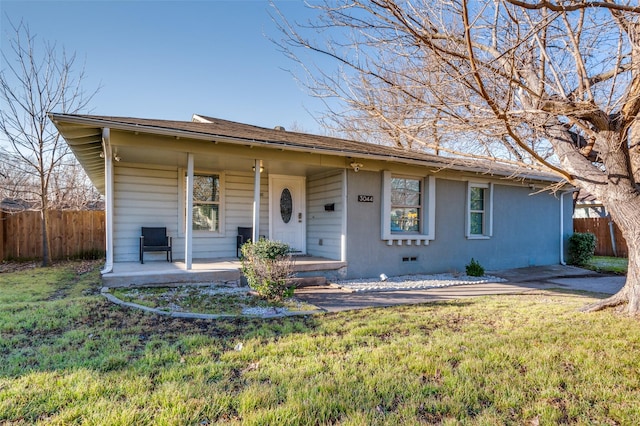 view of front of home with crawl space, covered porch, fence, and a front lawn