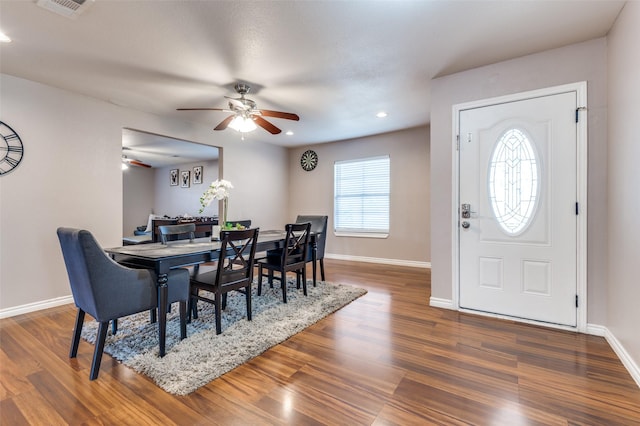 dining space with recessed lighting, visible vents, a ceiling fan, wood finished floors, and baseboards