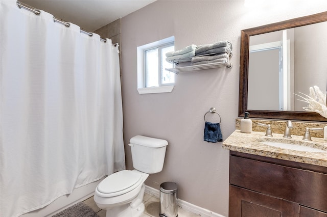 bathroom with shower / bath combo, baseboards, toilet, tile patterned flooring, and vanity