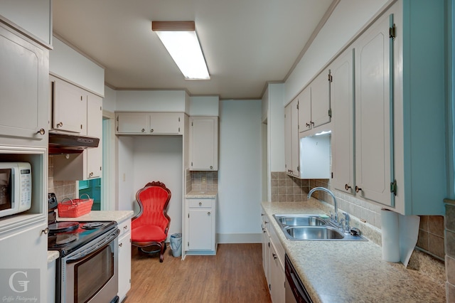 kitchen featuring under cabinet range hood, a sink, appliances with stainless steel finishes, light wood-type flooring, and tasteful backsplash