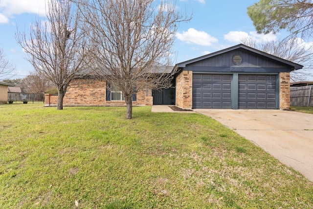 single story home with a garage, brick siding, fence, driveway, and a front lawn