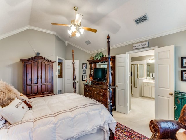 3605 Kales Ln, Flower Mound, TX 75022 - carpeted bedroom featuring ceiling fan, visible vents, ornamental molding, and lofted ceiling