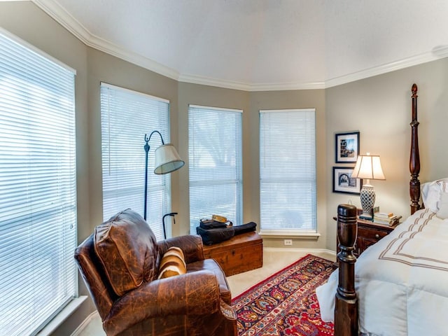 3605 Kales Ln, Flower Mound, TX 75022 - bedroom featuring crown molding, vaulted ceiling, light colored carpet, and visible vents
