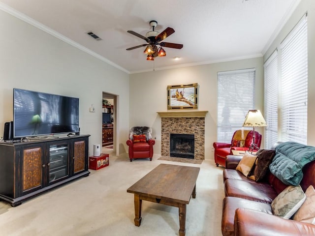 3605 Kales Ln, Flower Mound, TX 75022 - living area with a ceiling fan, a fireplace with flush hearth, ornamental molding, and light carpet