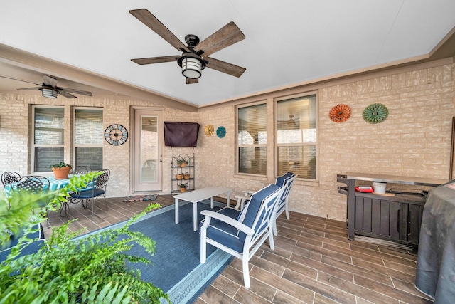 view of patio featuring ceiling fan