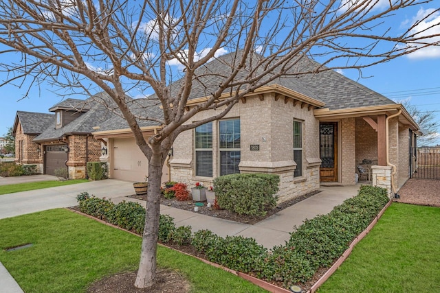 view of front of home with concrete driveway, brick siding, roof with shingles, and an attached garage