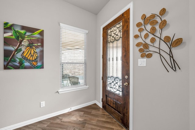 entrance foyer with baseboards and dark wood-type flooring