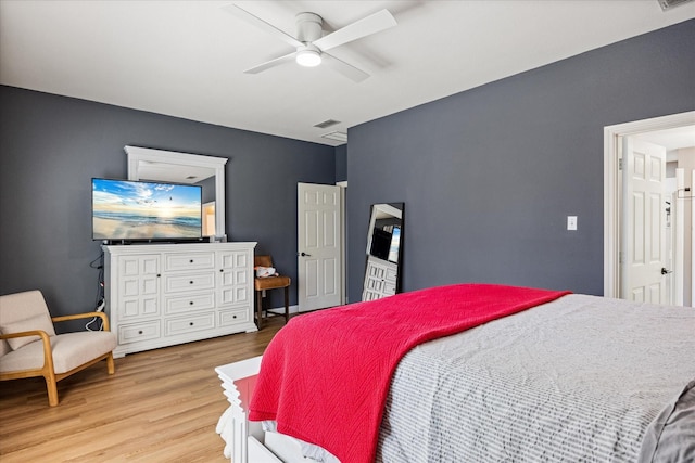 bedroom with visible vents, ceiling fan, and light wood-style floors